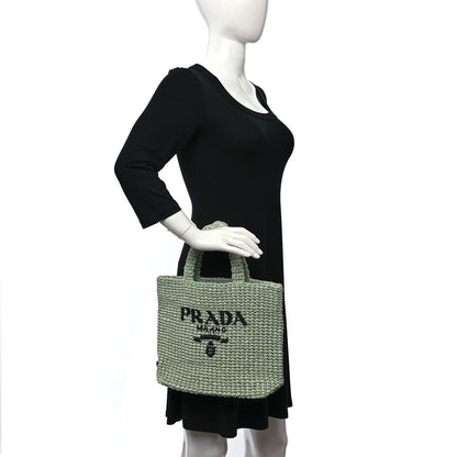Prada Yarn Raffia Effect Crochet Small Logo Tote Acqua 2 of 9