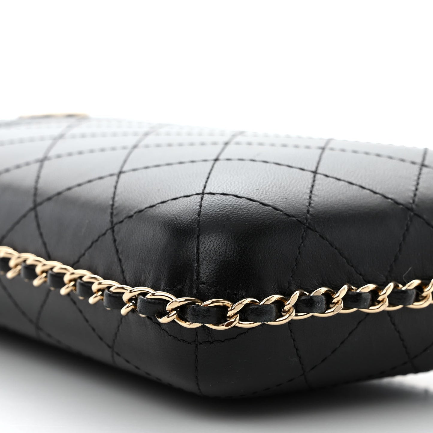 Lambskin Quilted Chain Around Phone Holder Black