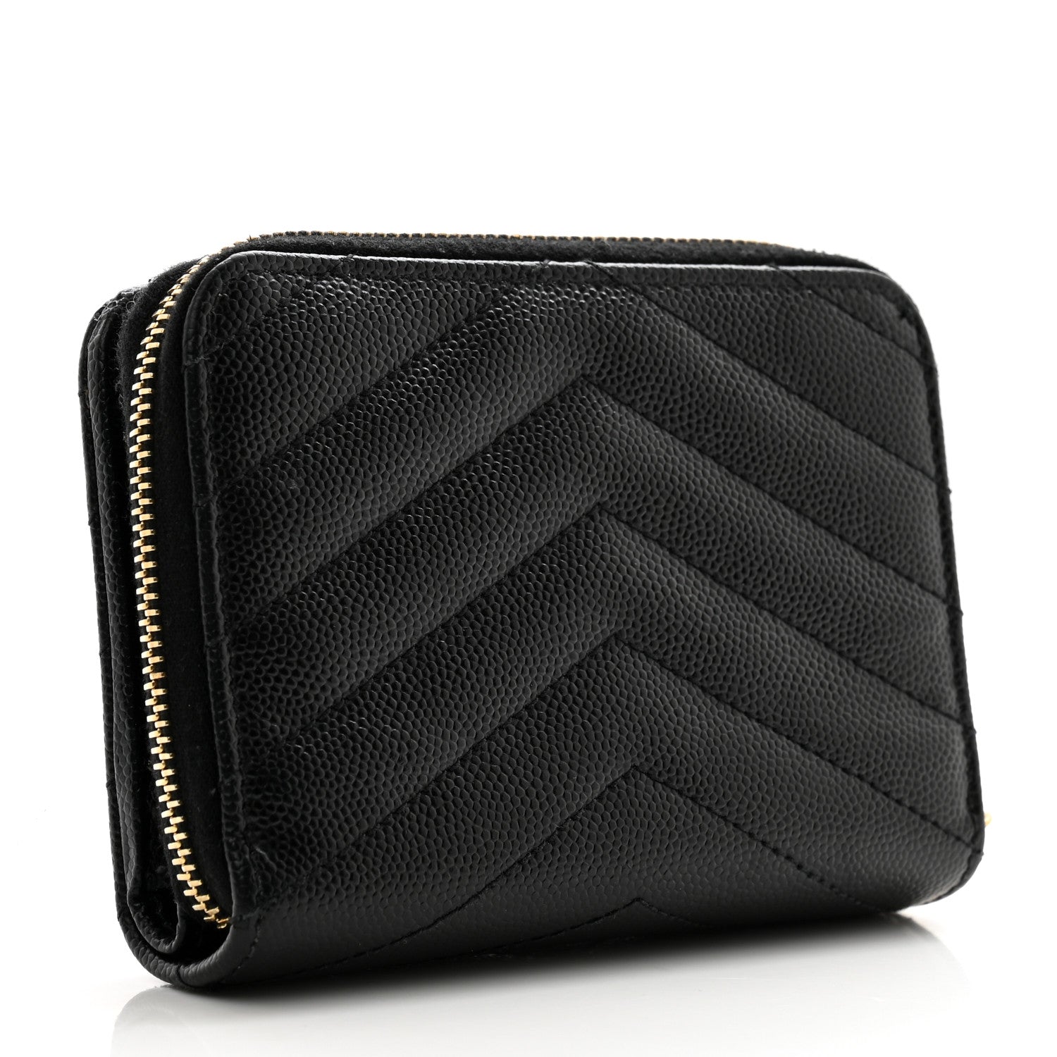 Saint Laurent Grain De Poudre Matelasse Chevron Monogram Compact Zip Around Wallet Black 3 of 11