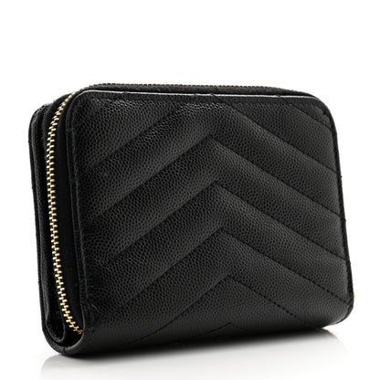 Saint Laurent Grain De Poudre Matelasse Chevron Monogram Compact Zip Around Wallet Black 3 of 11