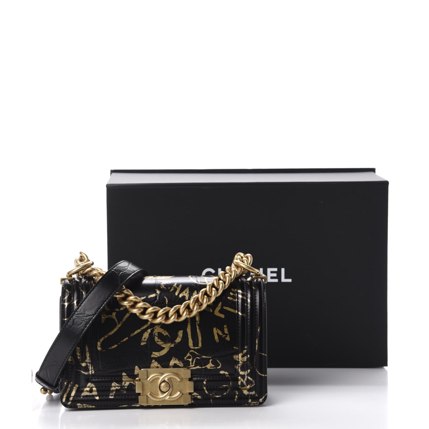 Calfskin Crocodile Embossed Graffiti Cocodile Small Boy Flap Black Gold