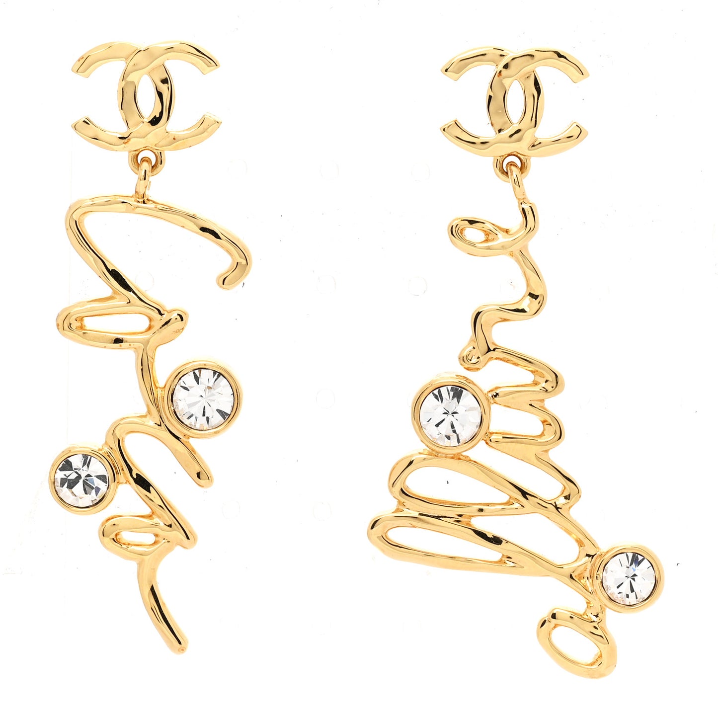 Metal Crystal Coco Script CC Drop Earrings Gold