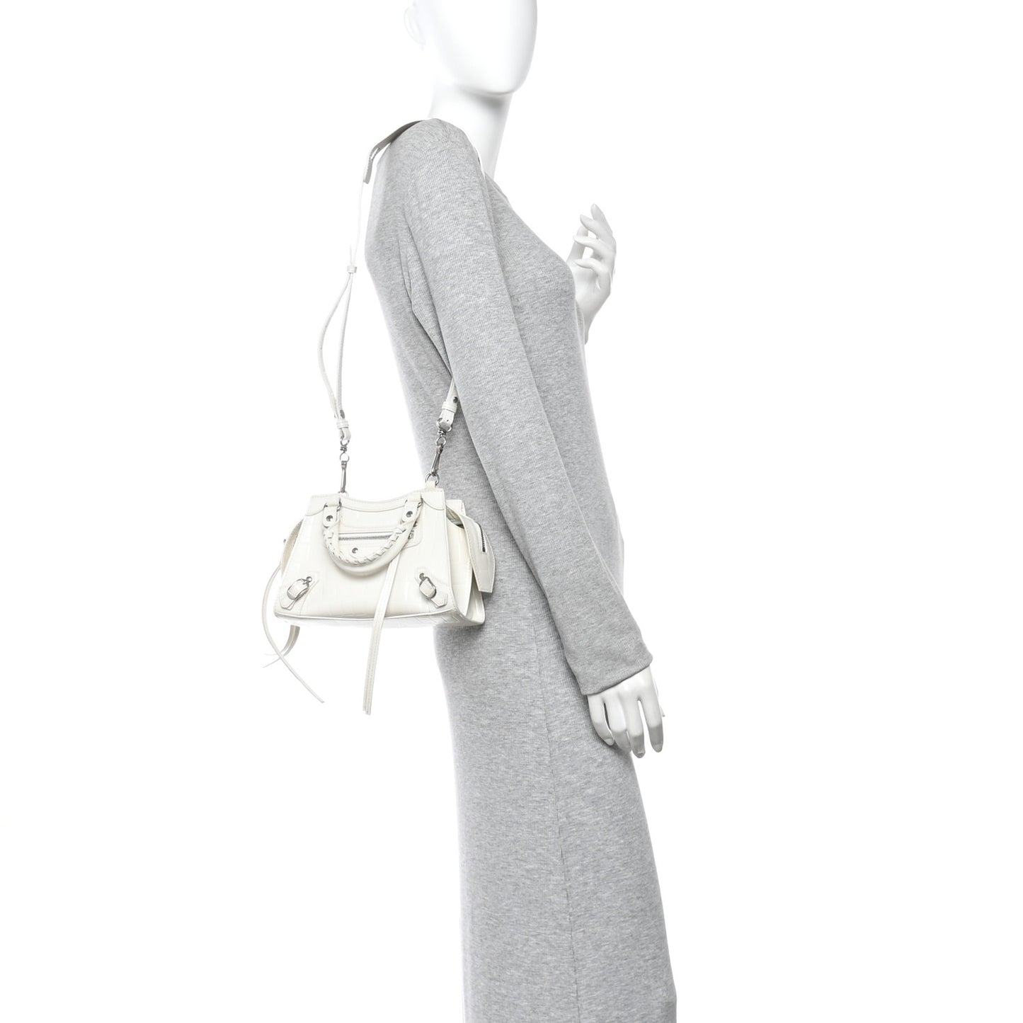 Semi Shiny Calfskin Crocodile Embossed Neo Classic Silver Hardware Mini City White
