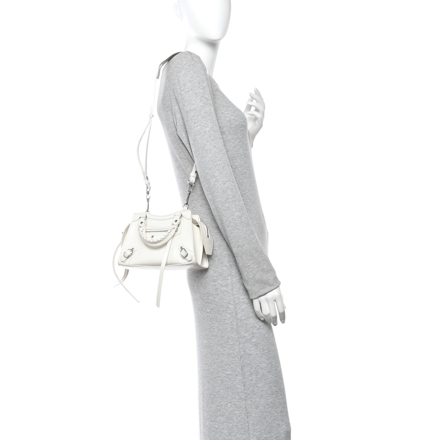 Balenciaga Semi Shiny Calfskin Crocodile Embossed Neo Classic Silver Hardware Mini City White 2 of 14