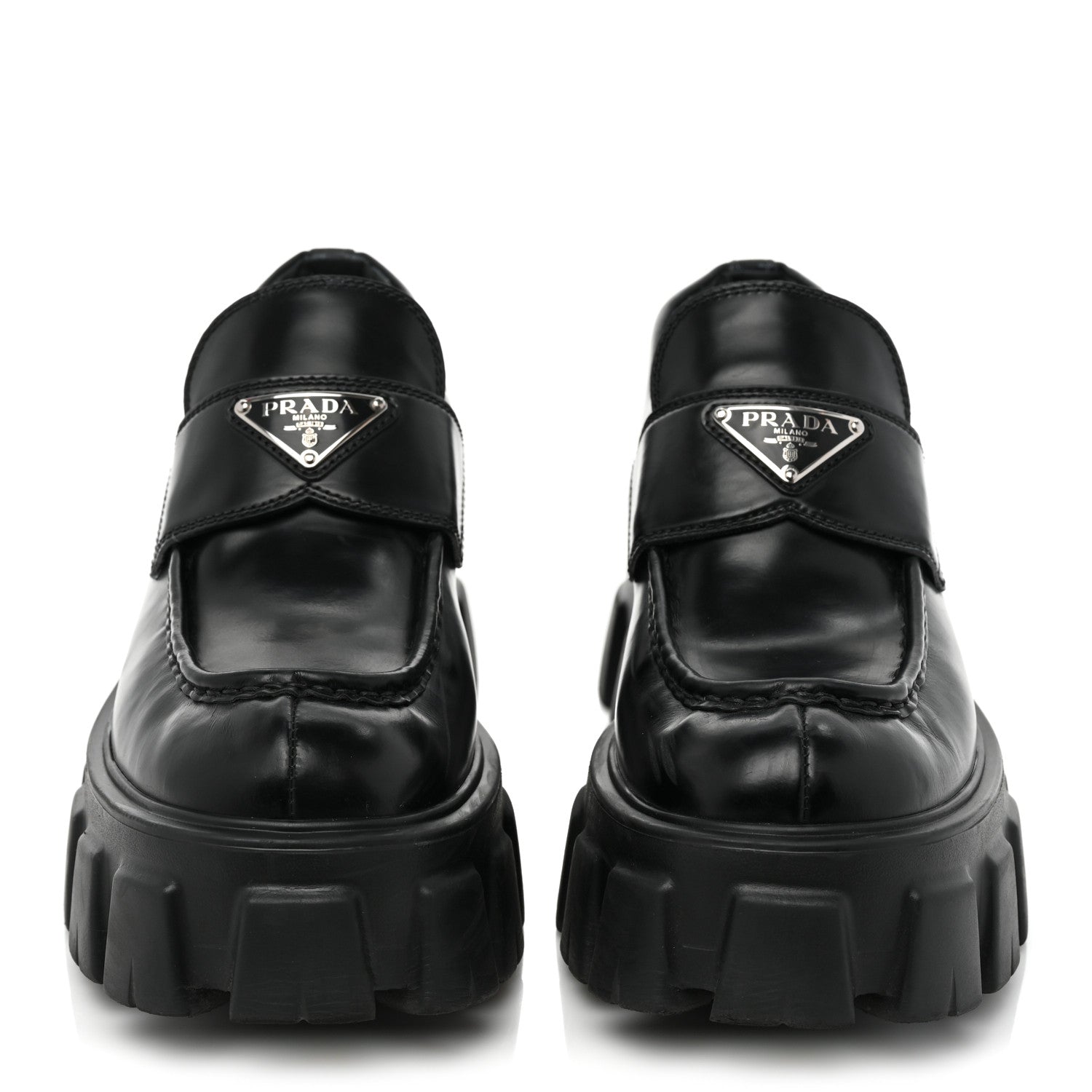 Prada Spazzolato Rois Metal Triangle Logo Monolith 55mm Loafers 37.5 Black 2 of 23