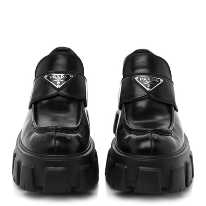 Prada Spazzolato Rois Metal Triangle Logo Monolith 55mm Loafers 37.5 Black 2 of 23