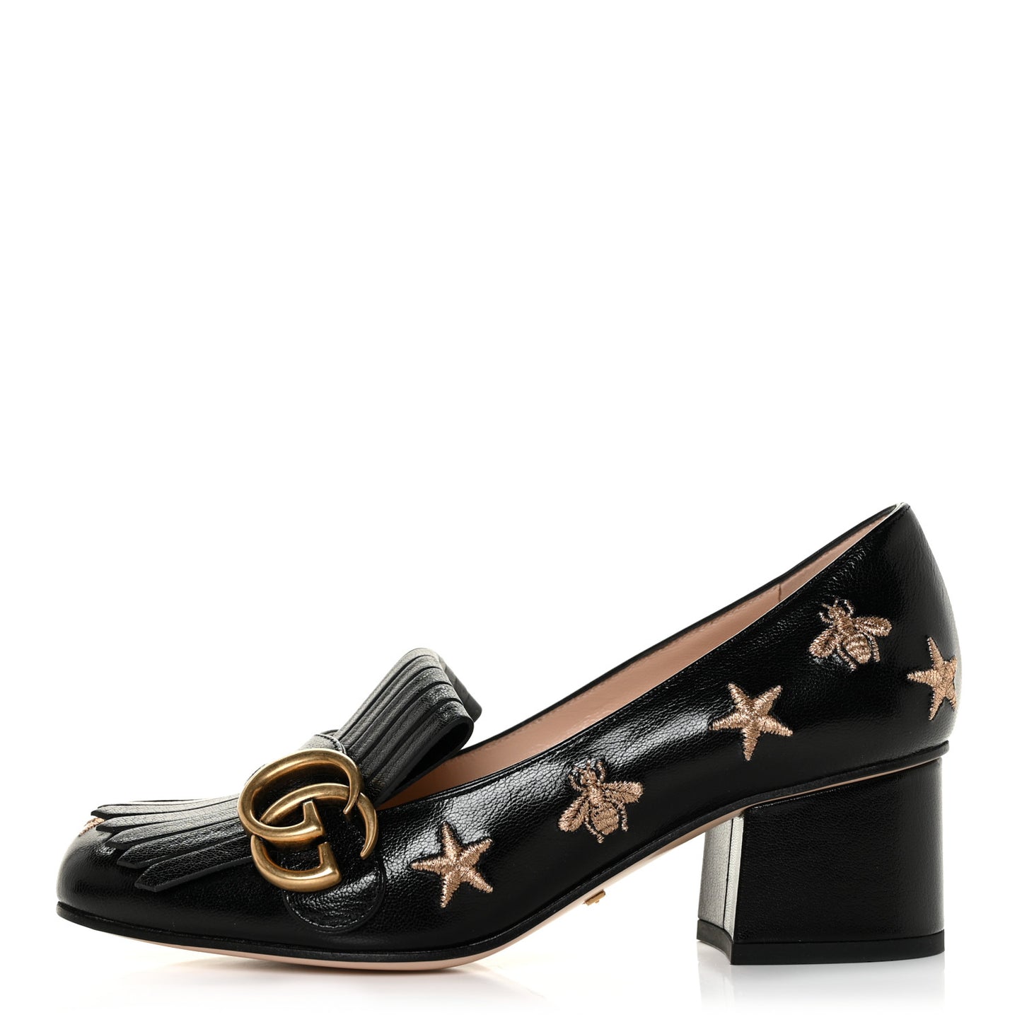 Quentin Goatskin Bee Star Embroidered GG Marmont Fringe 50mm Loafer Pumps 35 Black