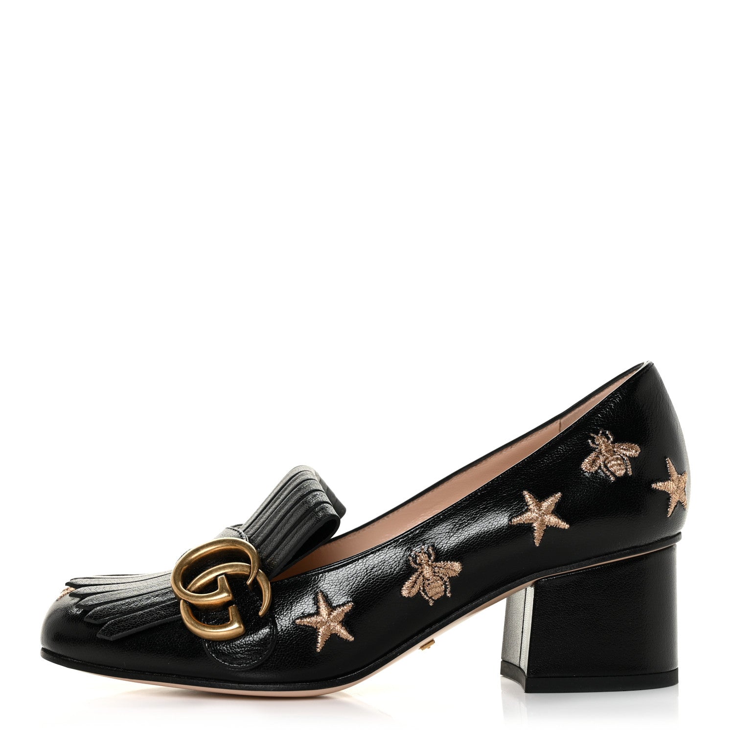 Gucci Quentin Goatskin Bee Star Embroidered GG Marmont Fringe 50mm Loafer Pumps 35 Black 1 of 10