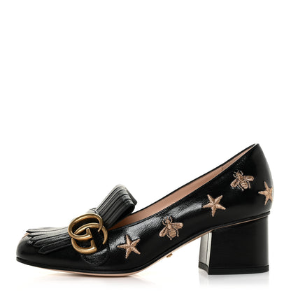 Gucci Quentin Goatskin Bee Star Embroidered GG Marmont Fringe 50mm Loafer Pumps 35 Black 1 of 10