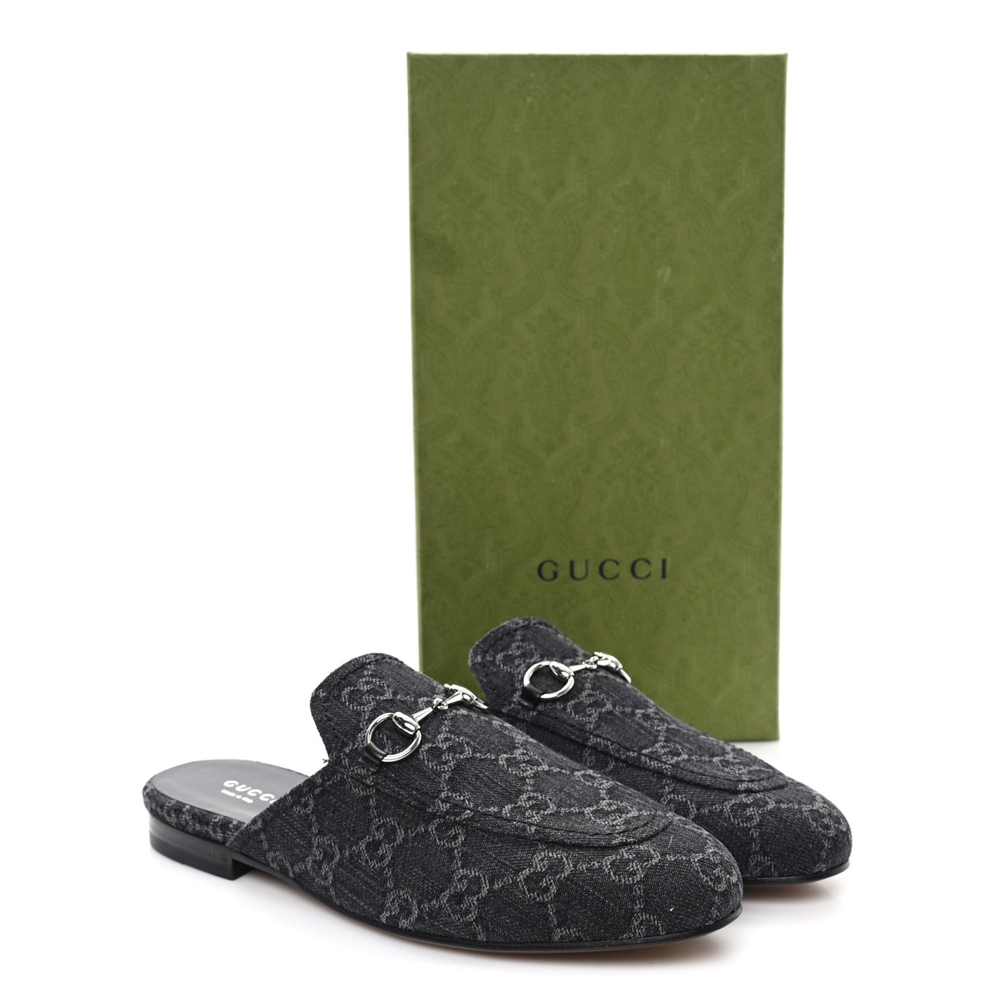 New Denim GG Malaga Kid Womens Princetown Slippers 37.5 Grey Black