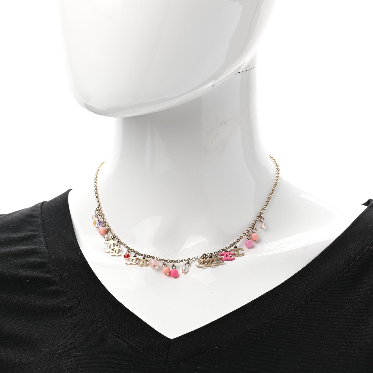 Chanel Beaded Resin CC Necklace Gold Pink 2 of 7