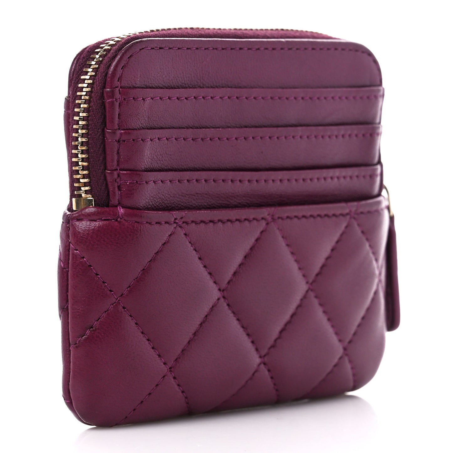 Lambskin Quilted Zip Card Holder Wallet Burgundy