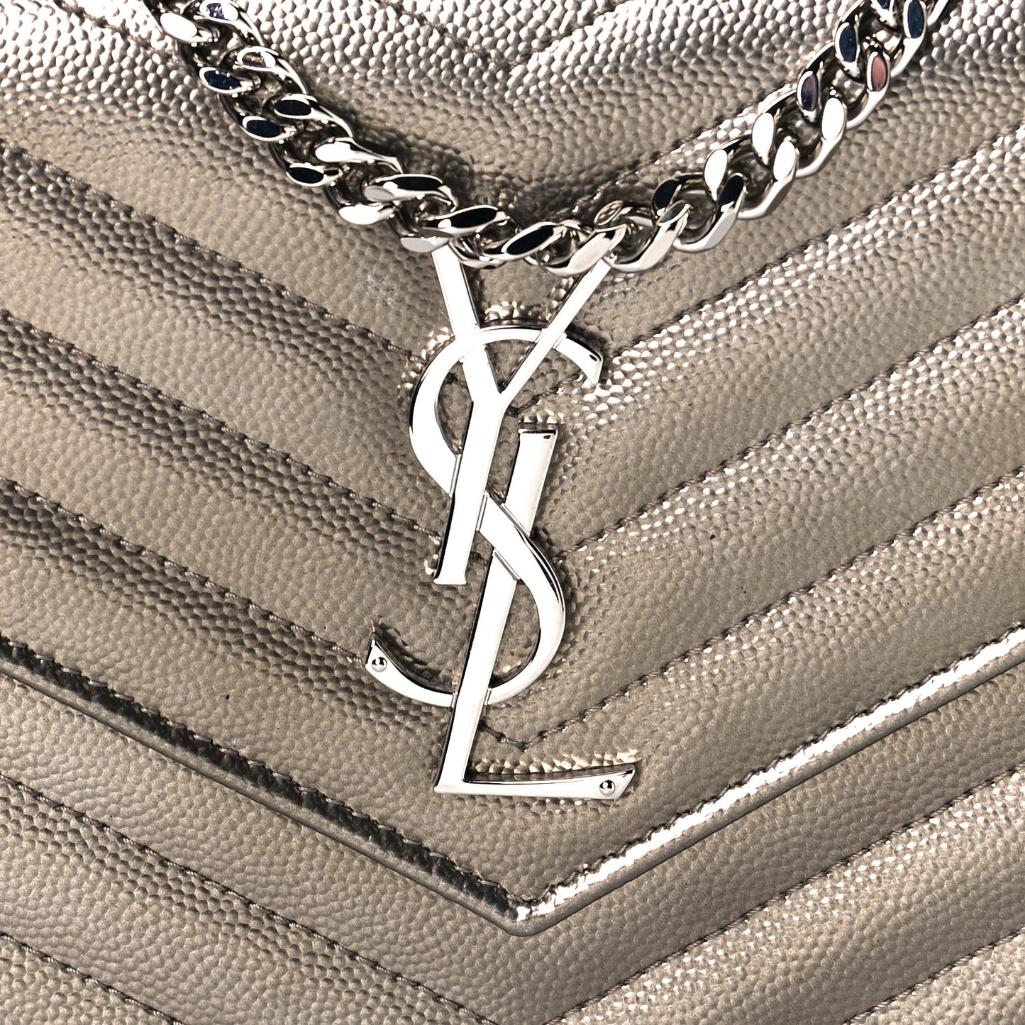 Metallic Grain De Poudre Matelasse Chevron Monogram Chain Wallet Piombo