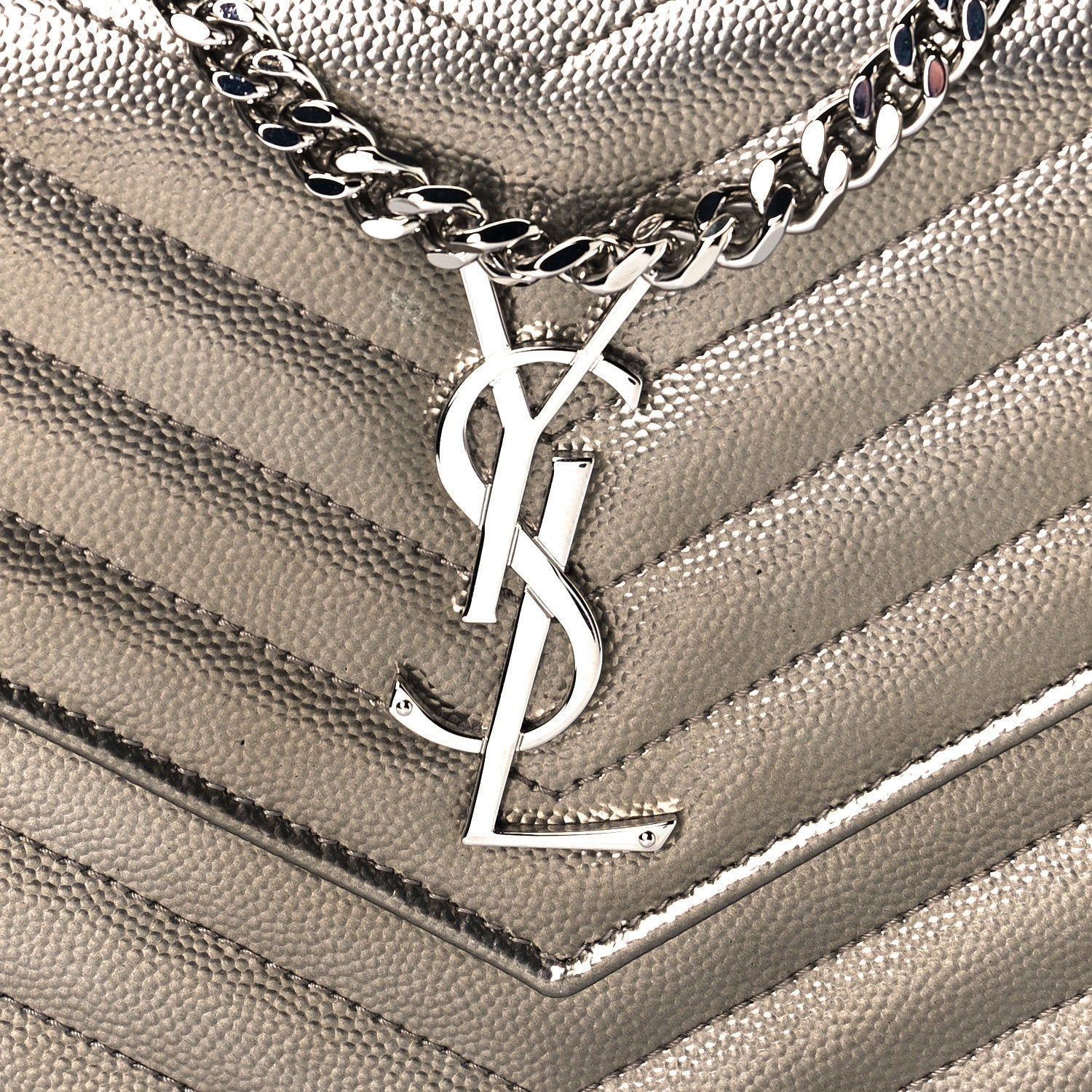 Saint Laurent Metallic Grain De Poudre Matelasse Chevron Monogram Chain Wallet Piombo 9 of 9