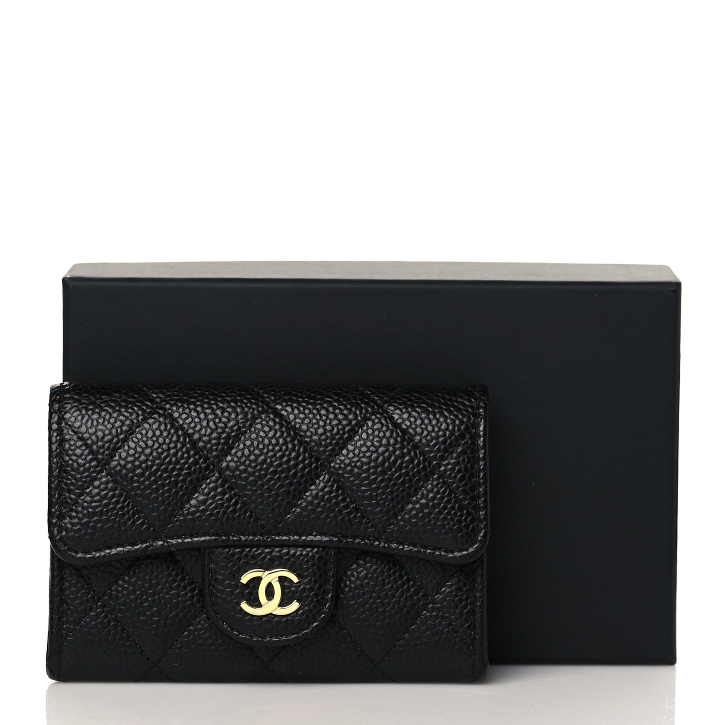 Caviar Quilted Flap Card Holder Wallet Black