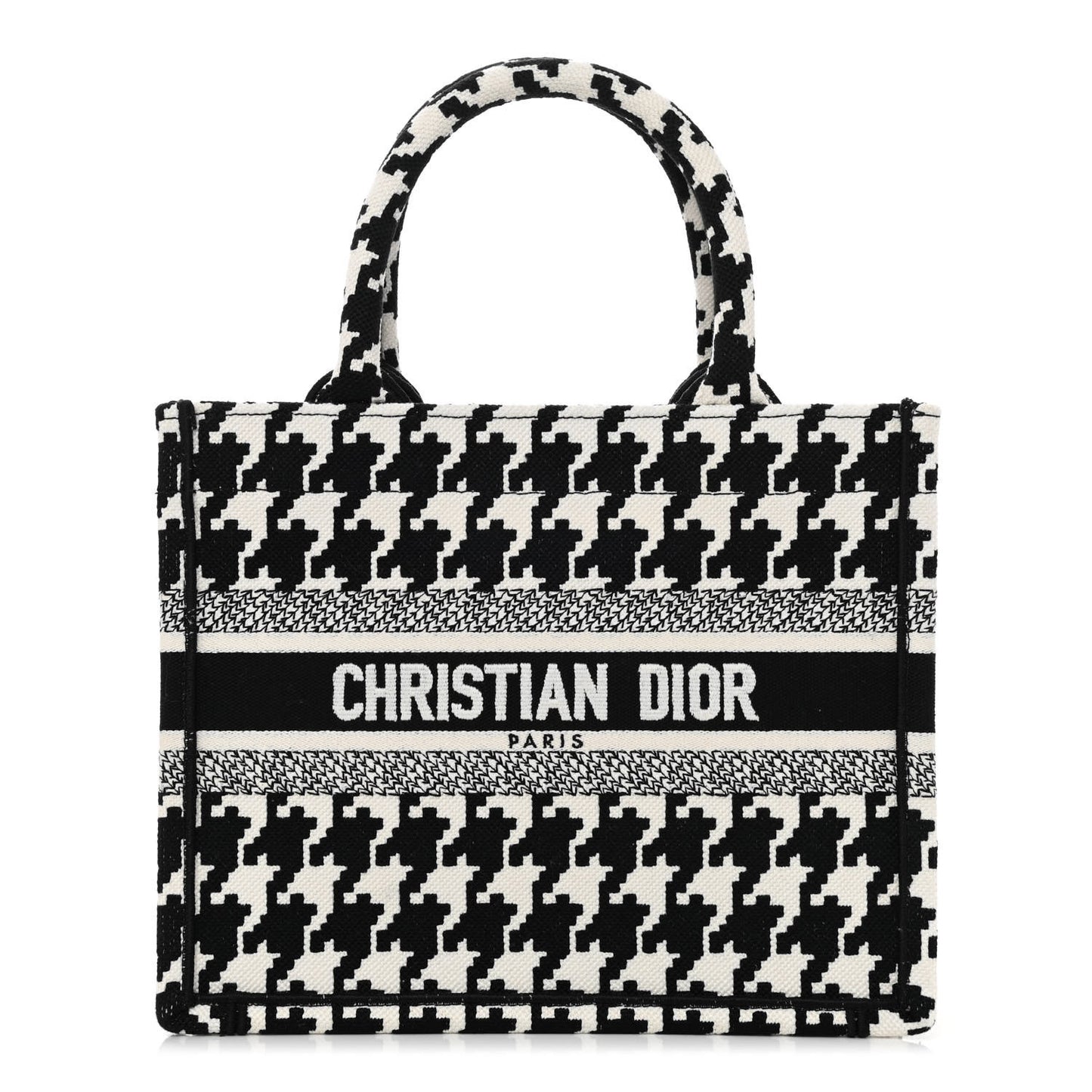 Canvas Houndstooth Embroidered Small Book Tote Black White