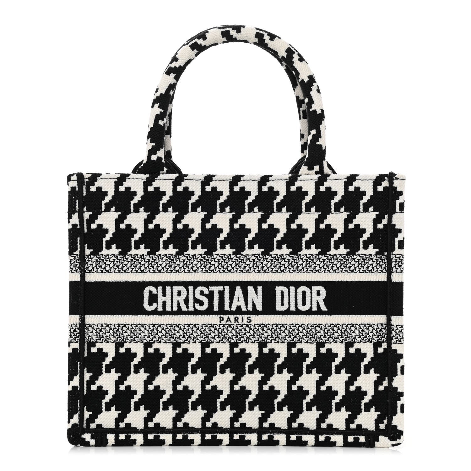 Christian Dior Canvas Houndstooth Embroidered Small Book Tote Black White 1 of 8