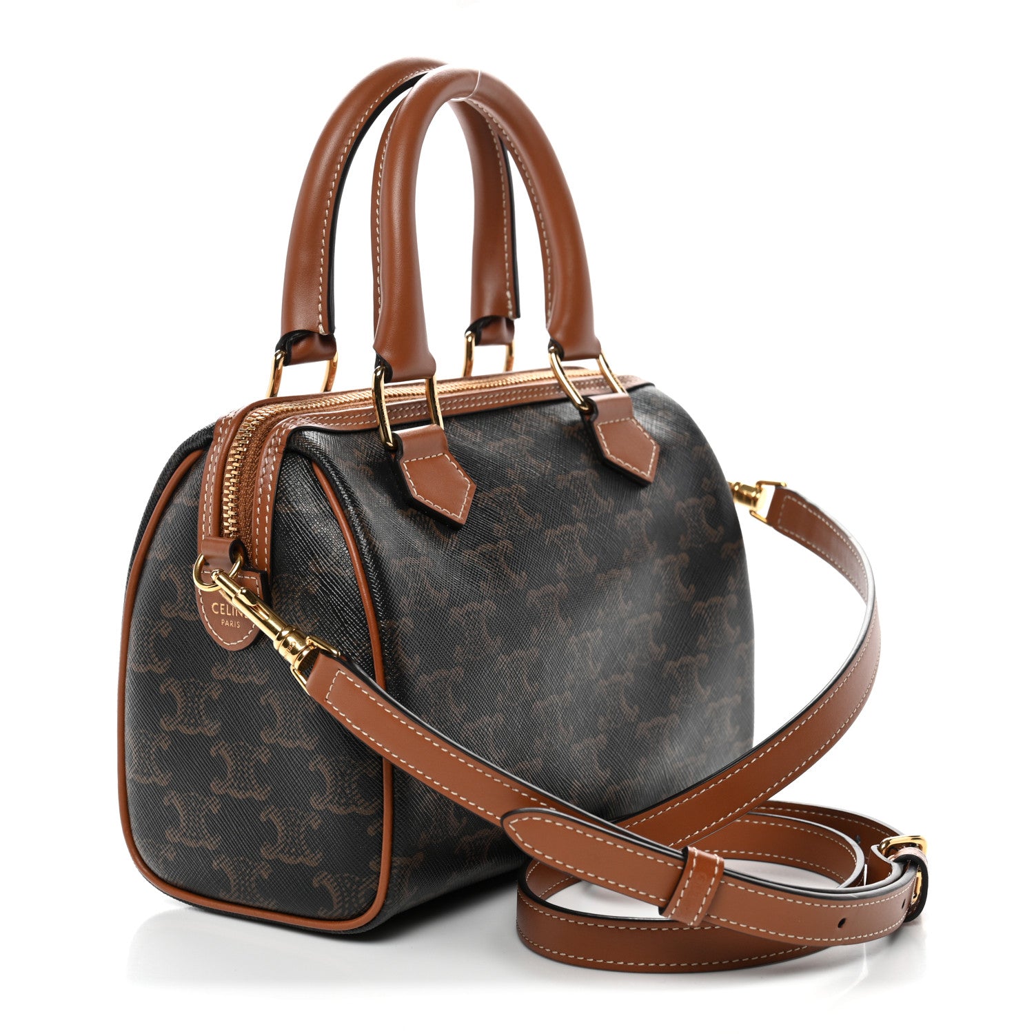 Celine Triomphe Canvas Calfskin Small Boston Bag Tan 3 of 10