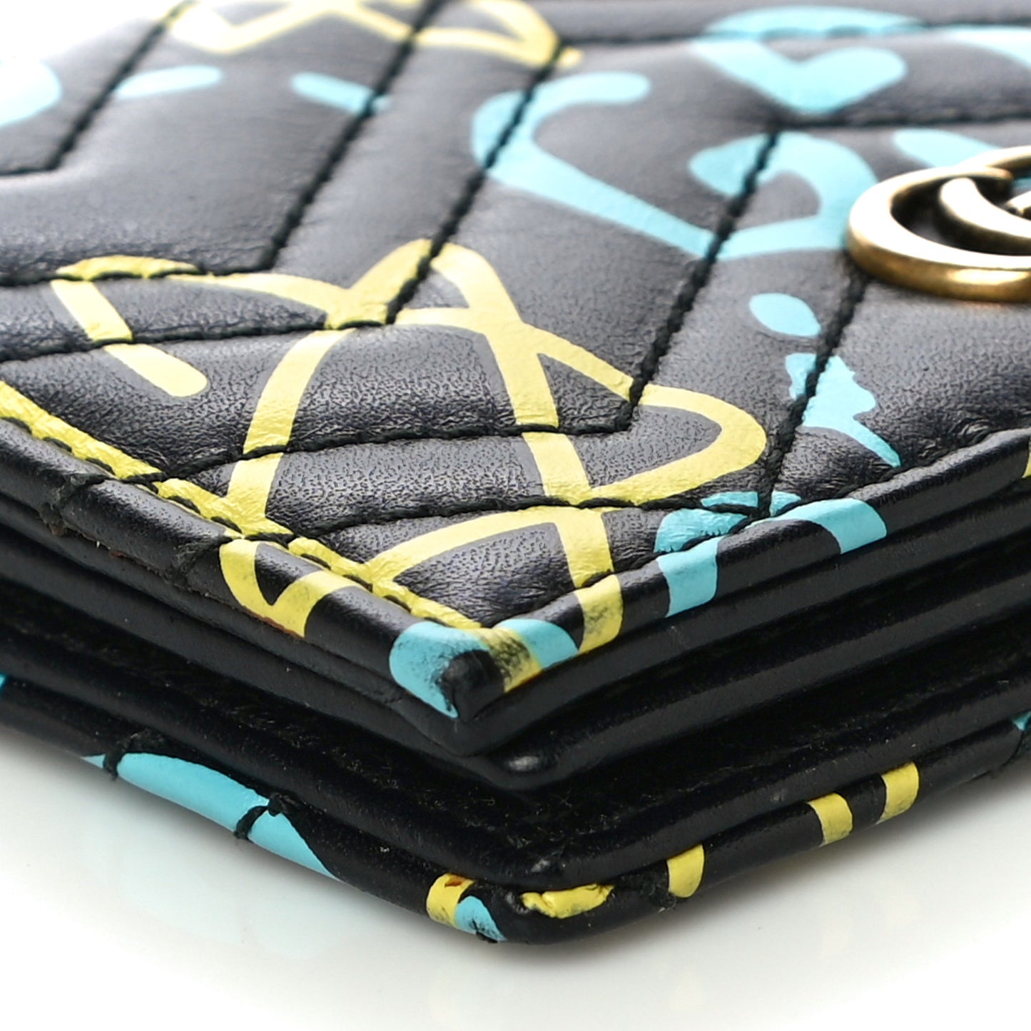 Calfskin Matelasse GucciGhost GG Marmont Card Case Wallet Black New Acquamarine