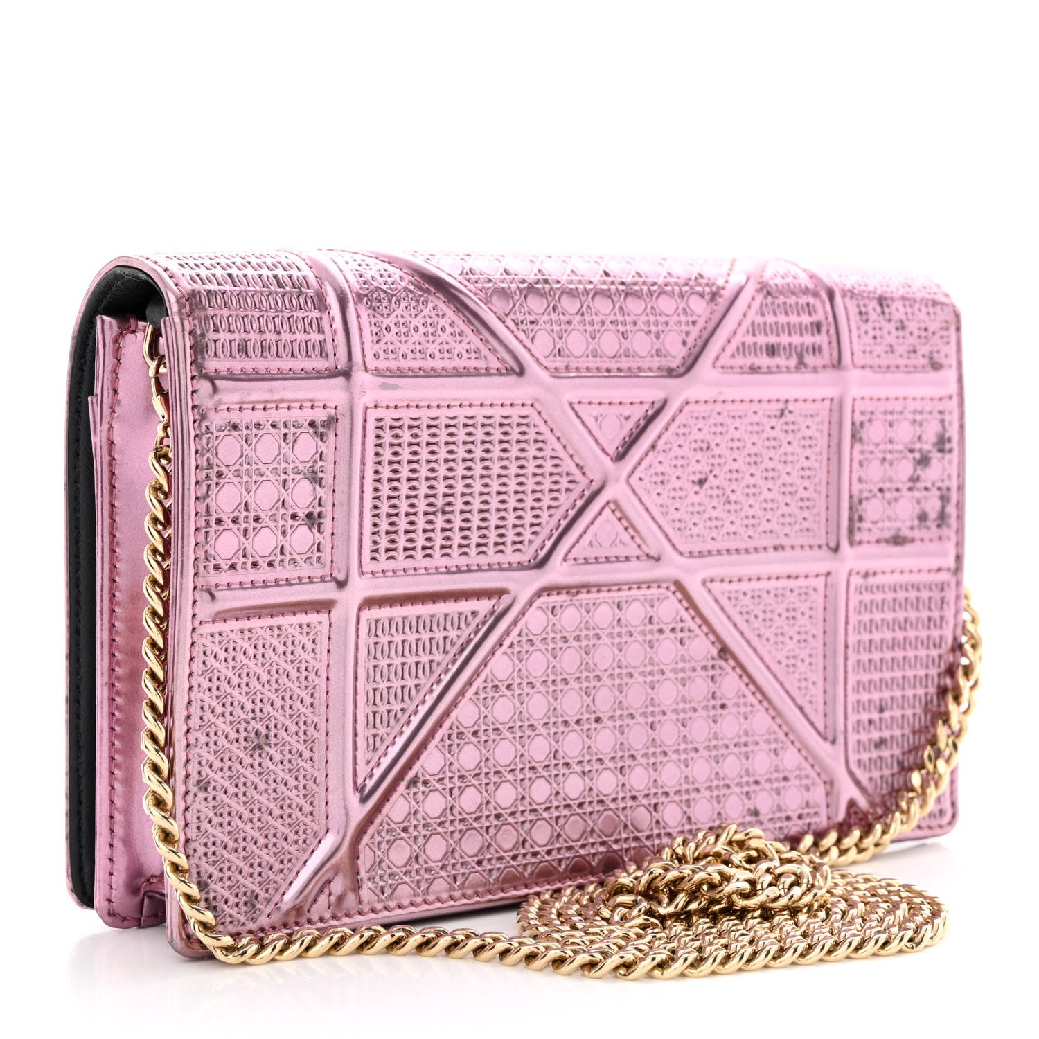 Christian Dior Metallic Patent Micro-Cannage Diorama Wallet on Chain Pouch Pink 3 of 20