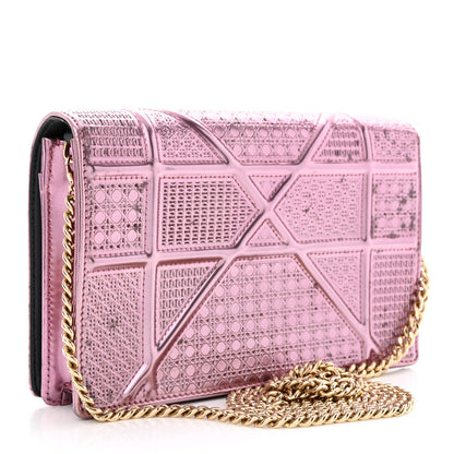 Christian Dior Metallic Patent Micro-Cannage Diorama Wallet on Chain Pouch Pink 3 of 20