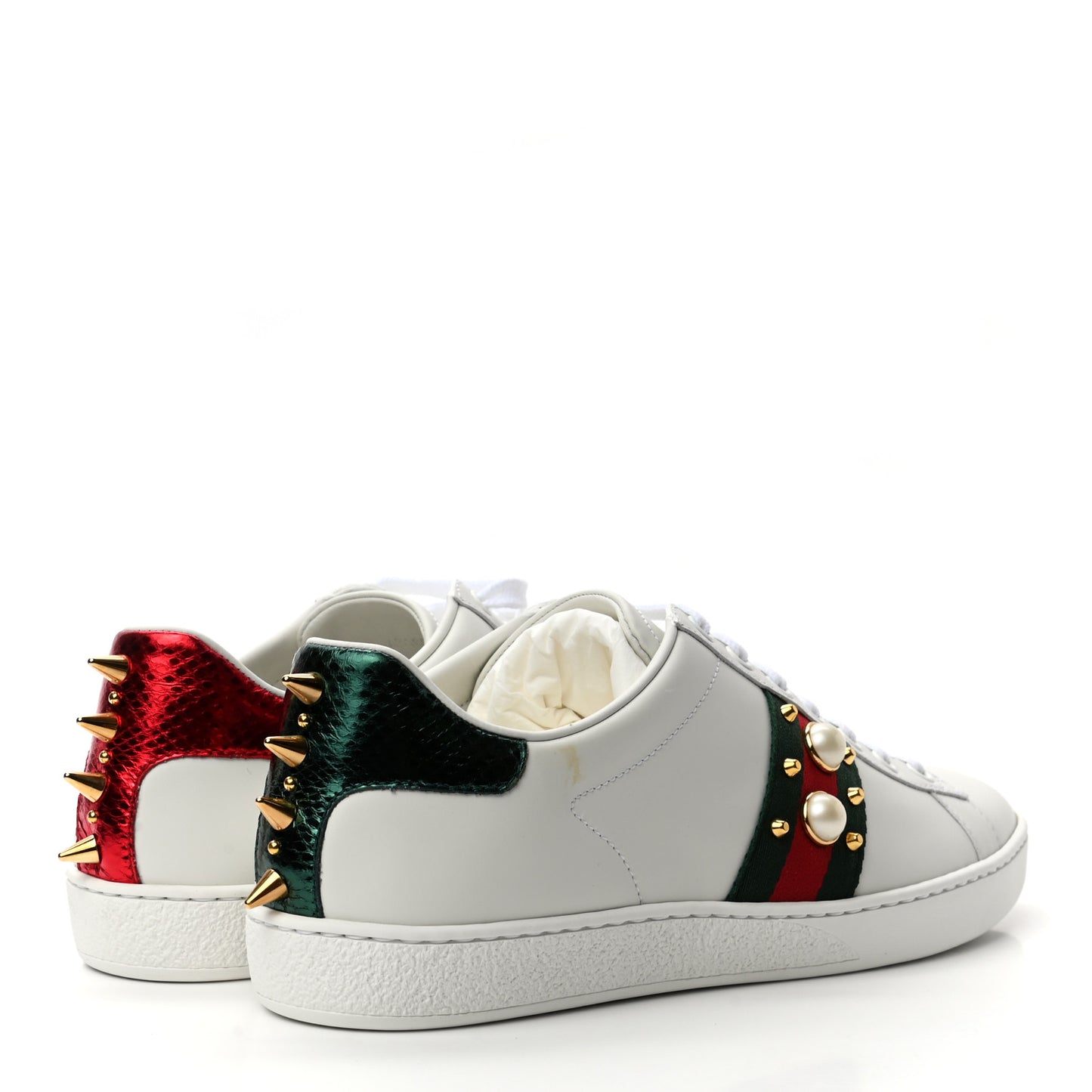 Calfskin Web Pearl Studded Womens Ace Sneakers 39.5 White