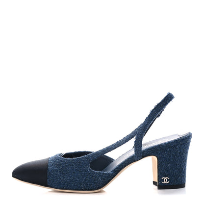 Chanel Tweed Grosgrain Cap Toe CC Slingback Pumps 38.5 Blue Black 1 of 8