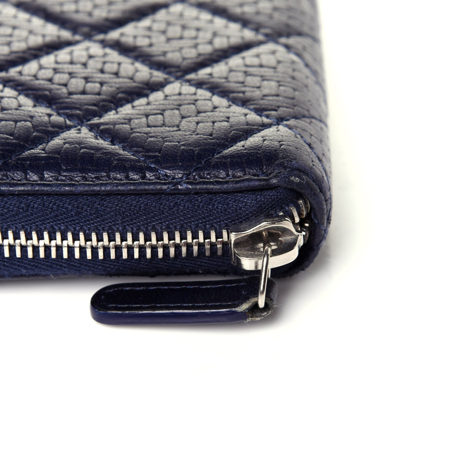 Woven Lambskin Quilted Large Zip Around Wallet Navy