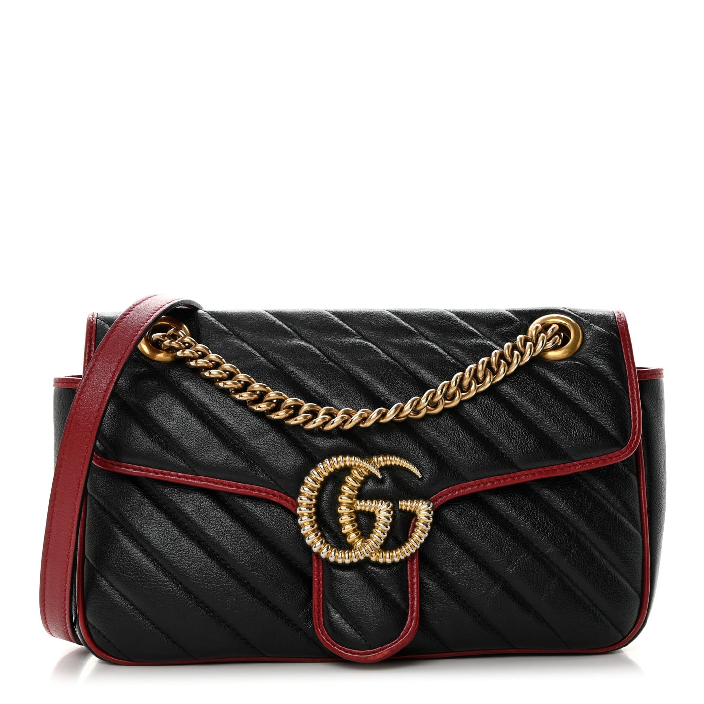 Vintage Effect Calfskin Matelasse Diagonal Small Torchon GG Marmont Shoulder Bag Black Romantic Cherry
