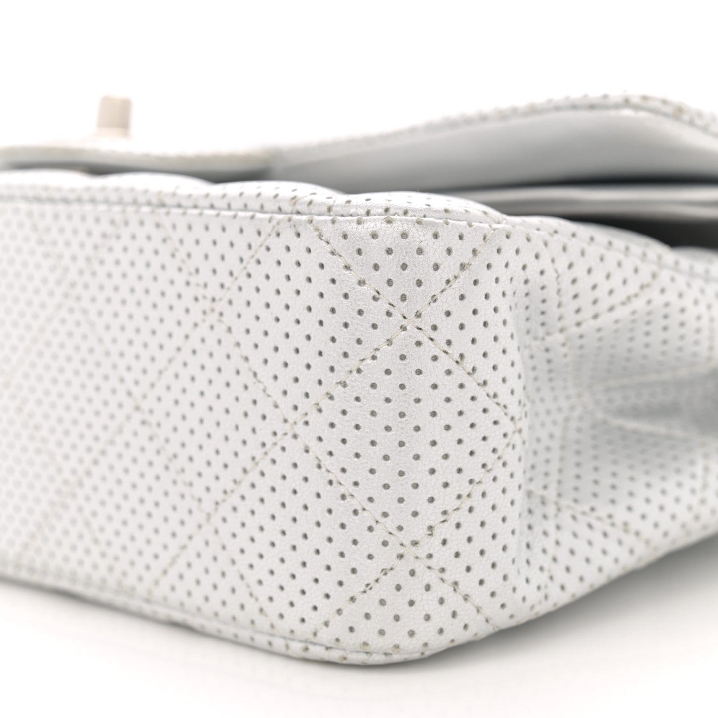 Metallic Lambskin Perforated Medium Double Flap Light Silver