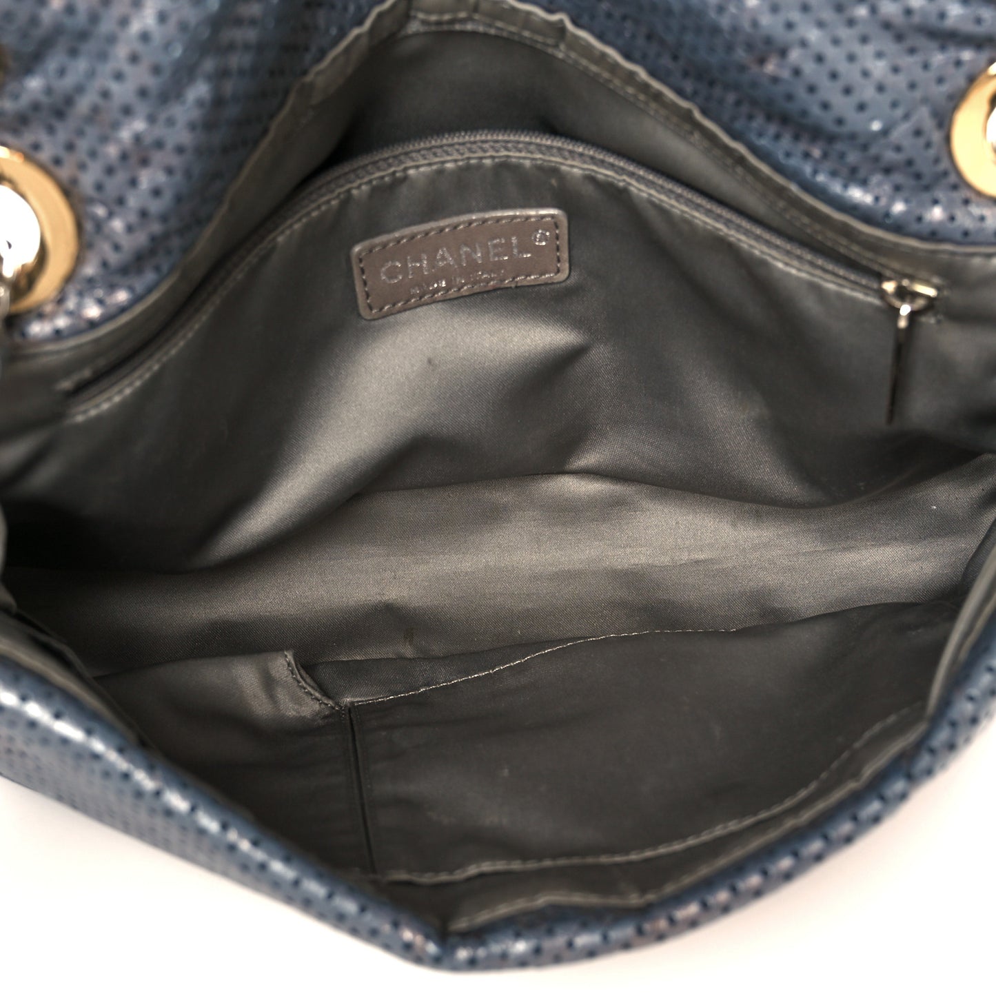 Metallic Crackled Calfskin Perforated Drill Flap Silver