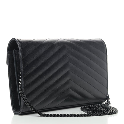 Saint Laurent Grain De Poudre Matelasse Chevron Monogram Chain Wallet Black 2 of 6