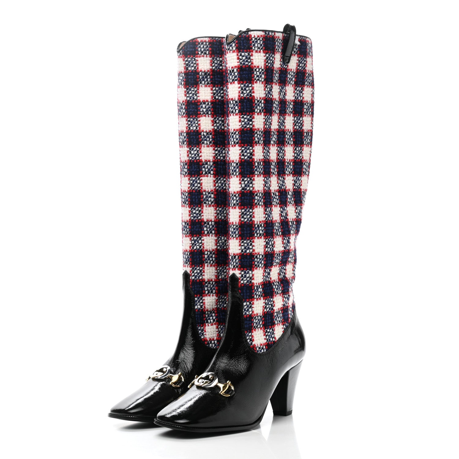 Gucci Tweed Naplack Check Zumi Knee Boots 37 White Hibiscus Red Maritime Black 3 of 9