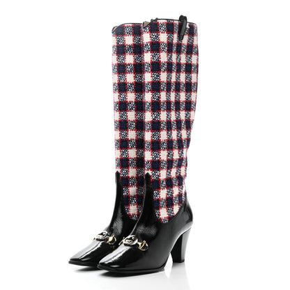 Gucci Tweed Naplack Check Zumi Knee Boots 37 White Hibiscus Red Maritime Black 3 of 9