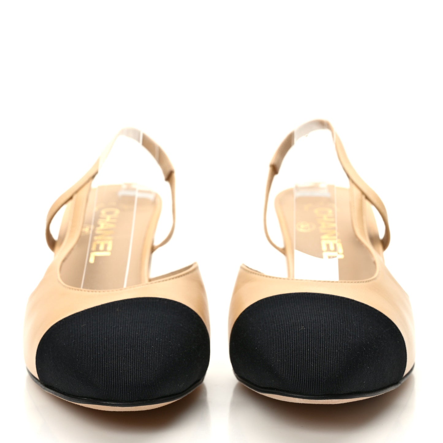 Goatskin Grosgrain Cap Toe CC Slingback Pumps 38 Beige Black