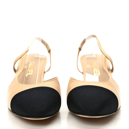 Chanel Goatskin Grosgrain Cap Toe CC Slingback Pumps 38 Beige Black 2 of 8