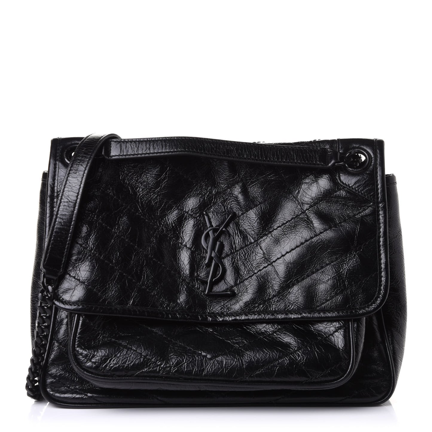 Crinkled Calfskin Matelasse Monogram Medium Niki Chain Satchel Black