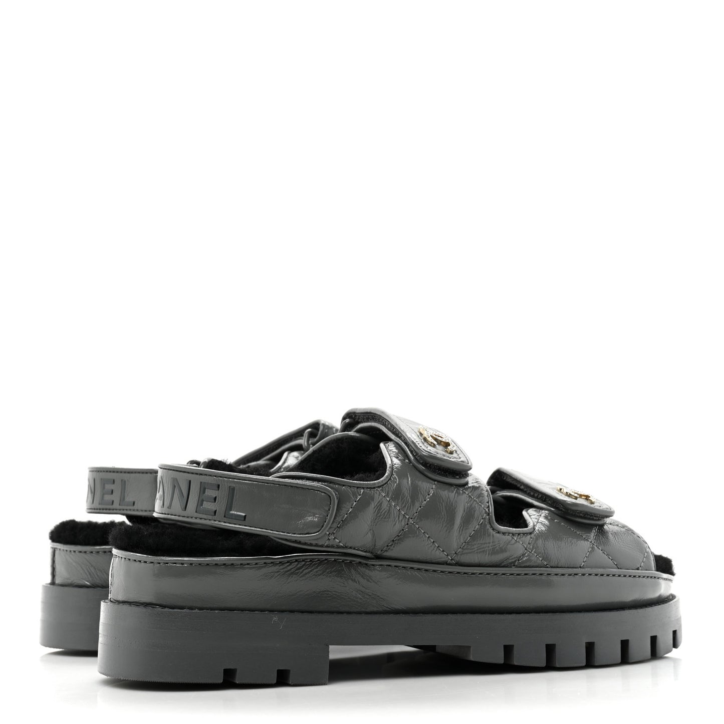 Laminated Lambskin Shearling Crystal CC Velcro Dad Platform Sandals 37 Dark Grey Black