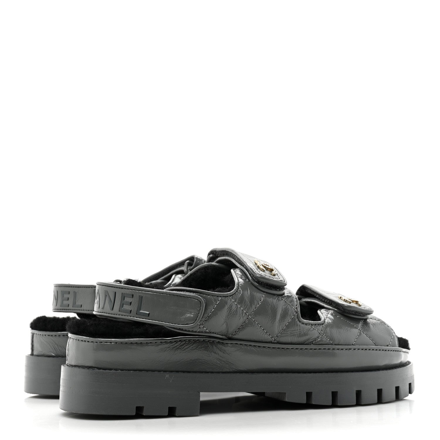 Chanel Laminated Lambskin Shearling Crystal CC Velcro Dad Platform Sandals 37 Dark Grey Black 4 of 8