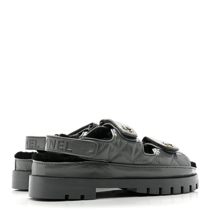 Chanel Laminated Lambskin Shearling Crystal CC Velcro Dad Platform Sandals 37 Dark Grey Black 4 of 8