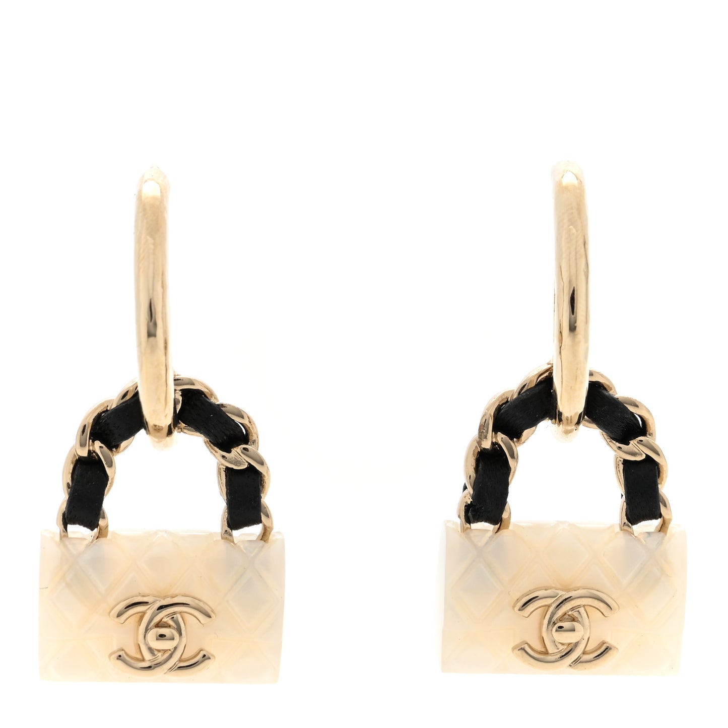 Metal Resin Calfskin Quilted CC Turnlock Chain Bag Earrings Gold Pearly White