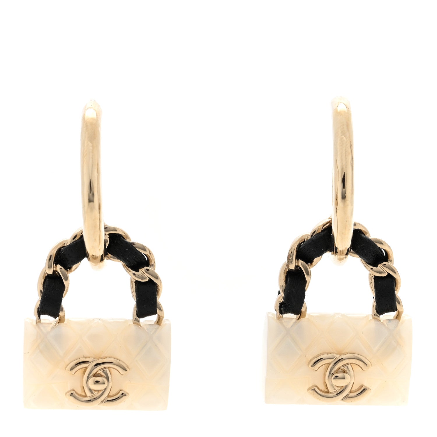 Chanel Metal Resin Calfskin Quilted CC Turnlock Chain Bag Earrings Gold Pearly White 1 of 5