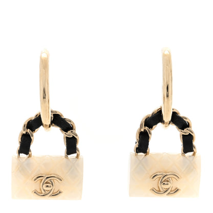 Chanel Metal Resin Calfskin Quilted CC Turnlock Chain Bag Earrings Gold Pearly White 1 of 5