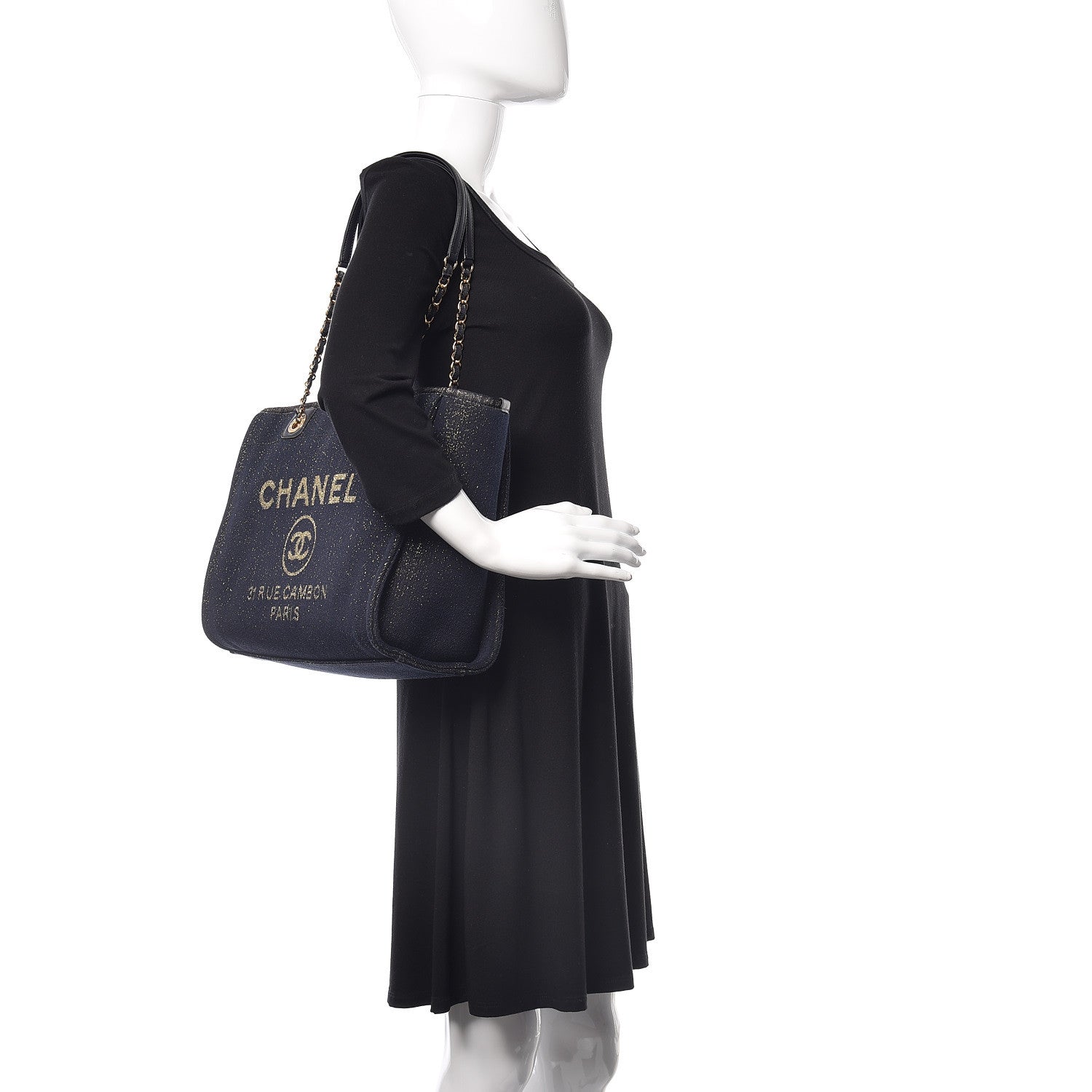 Chanel Lurex Canvas Small Deauville Tote Navy Blue Gold 2 of 10