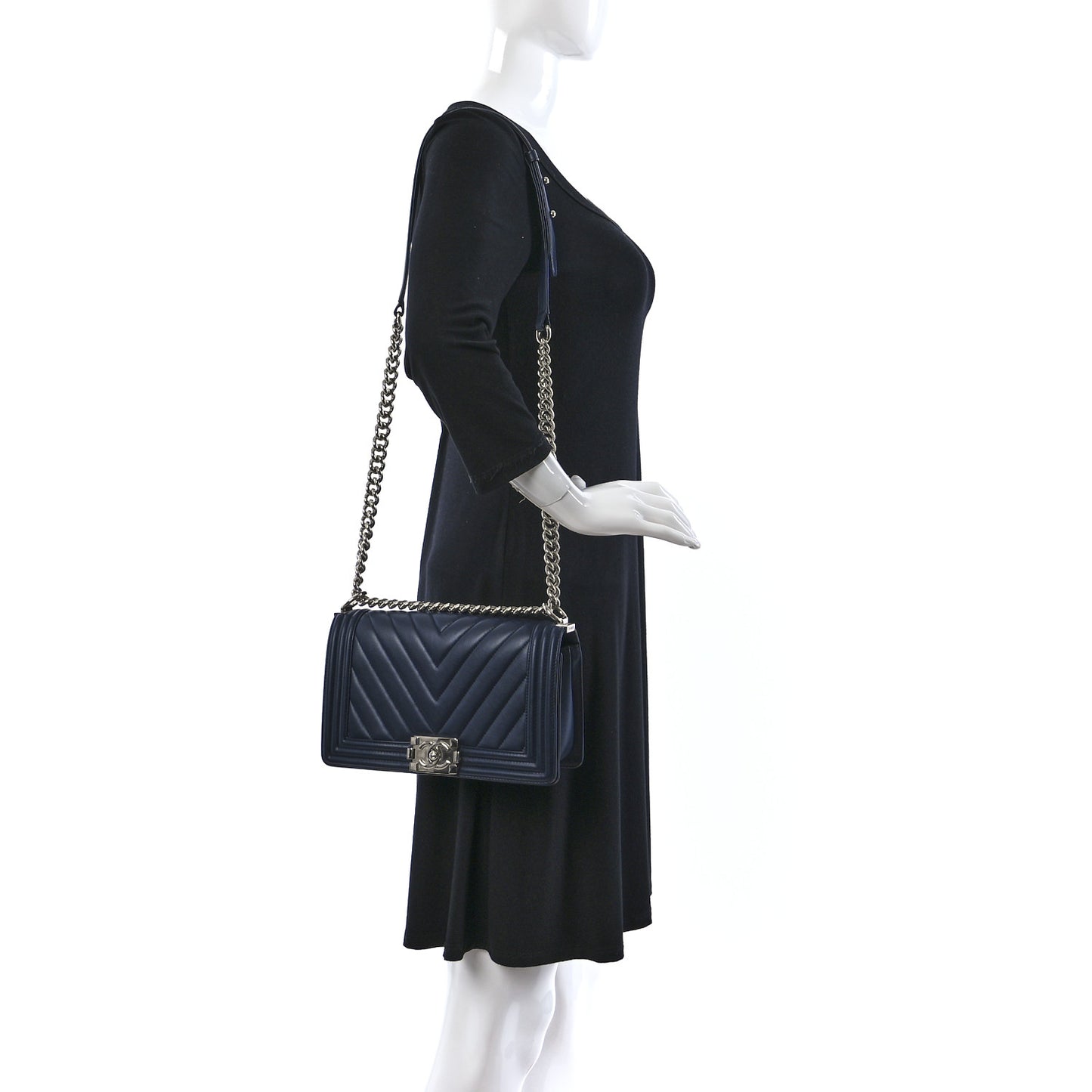 Calfskin Chevron Quilted New Medium Boy Flap Dark Navy Blue