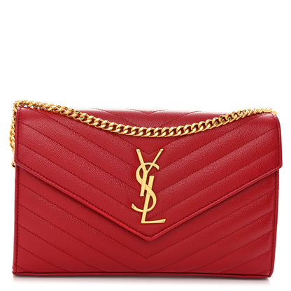 Saint Laurent Grain De Poudre Matelasse Chevron Monogram Chain Wallet New Red 1 of 9