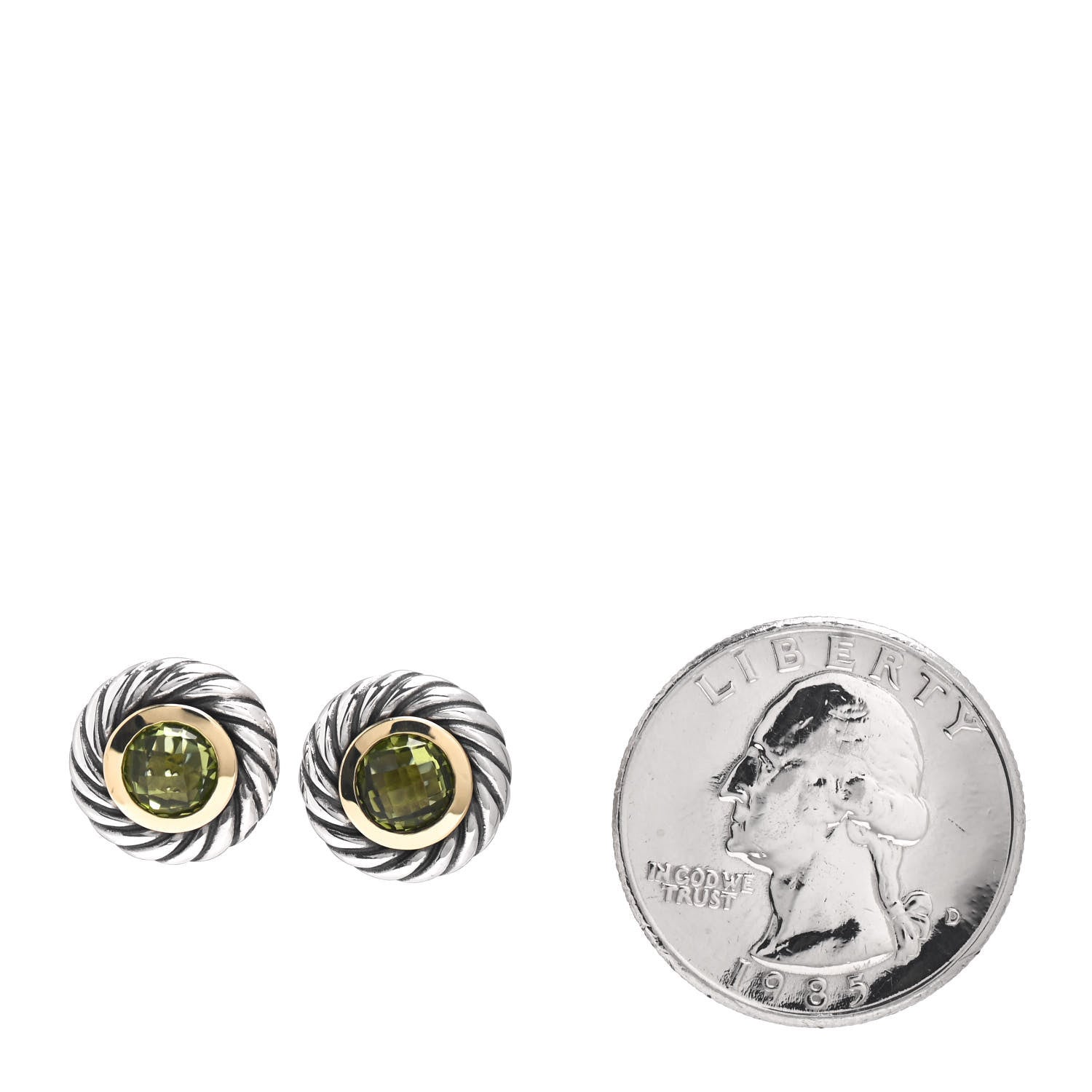 David Yurman Sterling Silver 18K Yellow Gold Peridot Cookie Cable Earrings 2 of 4