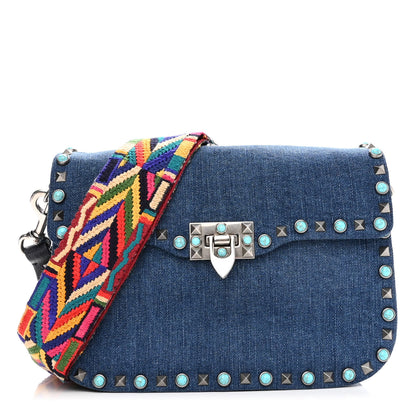 Valentino Garavani Denim Medium Guitar Strap Rockstud Rolling Flap Saddle Bag 1 of 10