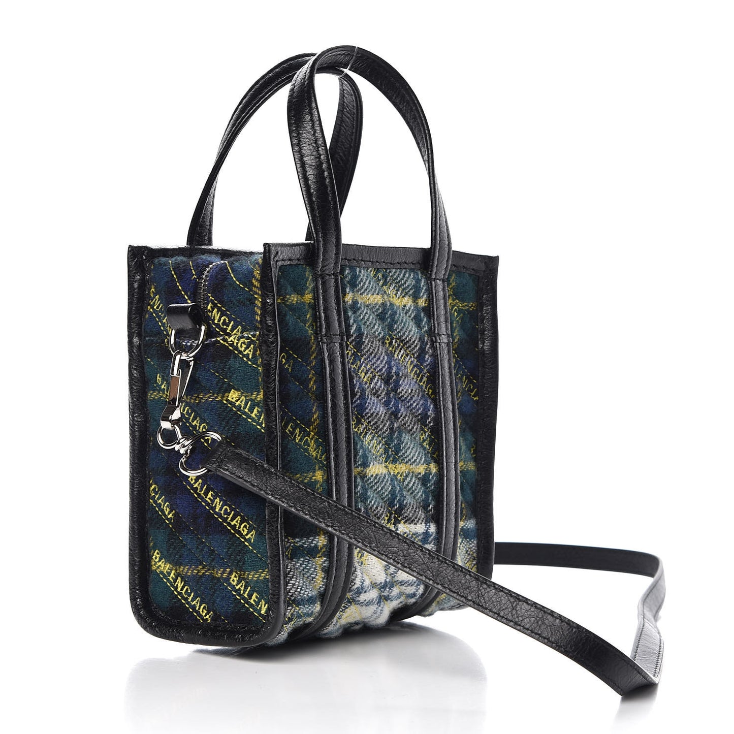 Wool Cuir Arena Plaid Diagonal Allover Logo Matelasse XXS Bazar Shopper Tote Green Blue Yellow