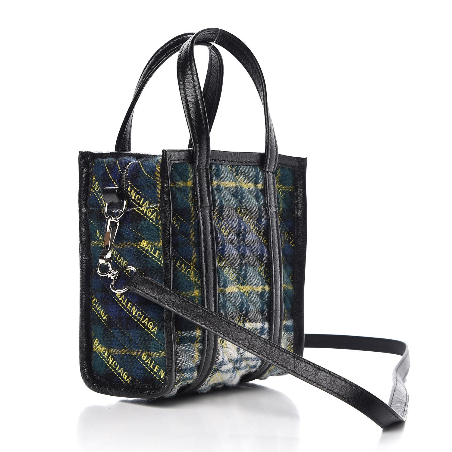 Balenciaga Wool Cuir Arena Plaid Diagonal Allover Logo Matelasse XXS Bazar Shopper Tote Green Blue Yellow 3 of 8